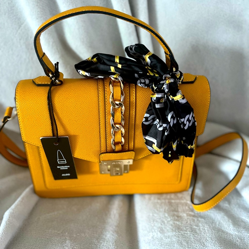 ALDO Glenda Mustard Yellow Black Gold Faux Leather Satchel